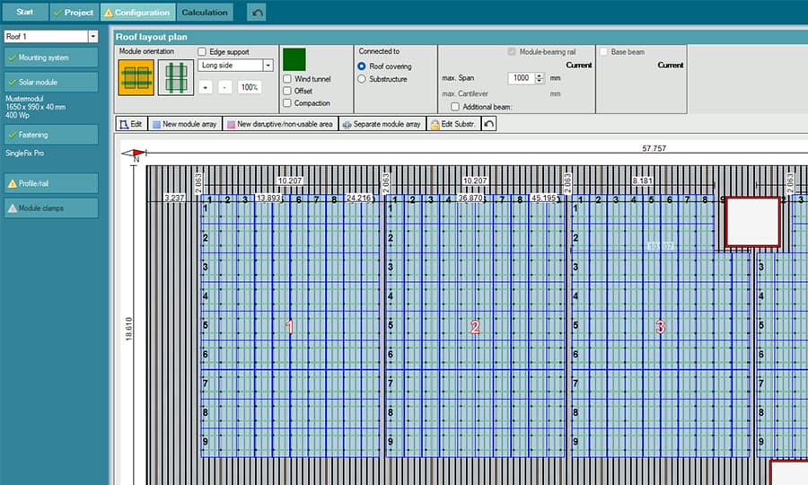 A software interface displaying a roof layout plan for solar panel installation. The grid is overlaid with labeled measurements and module placements in sections 1 through 3. Various settings are shown on the left.