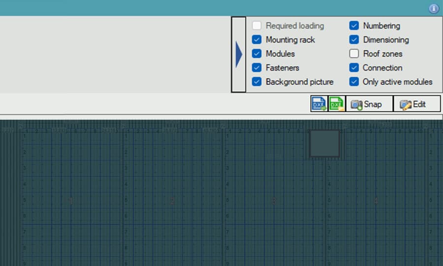 A screenshot of a software interface with checkboxes for options like mounting rack, modules, fasteners, numbering, and dimensioning. The bottom part displays a gridded diagram with a highlighted section.
