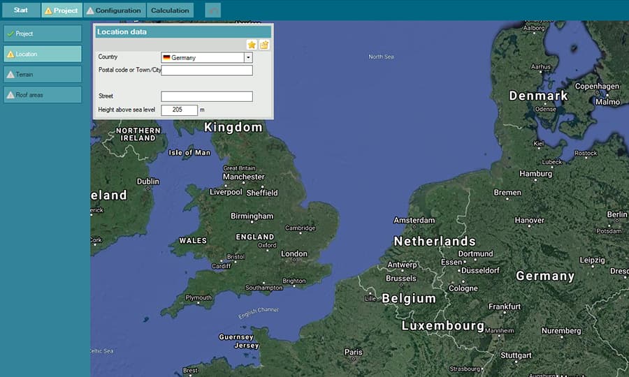 Map interface showing a geographic region encompassing the United Kingdom, Ireland, Belgium, the Netherlands, Germany, and surrounding areas. A location data form for "Germany" is visible over the map.