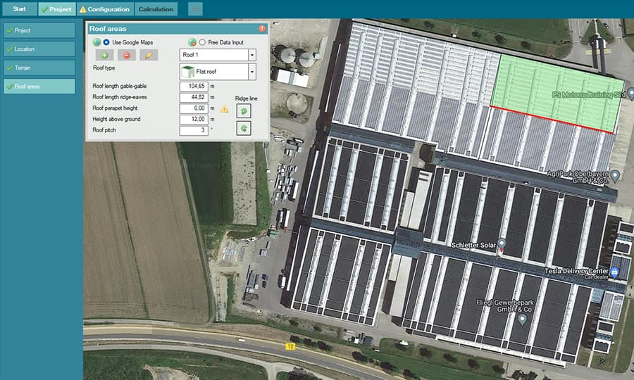 Aerial view of a building with solar panels, featuring a software interface overlay with project details on roof areas, highlighted sections, and input fields on the left.