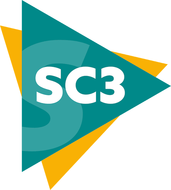 Logo with a teal triangular shape and white letters "SC3" in the center, overlaying a larger yellow triangular shape in the background.
