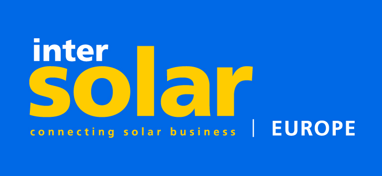 Logo of Intersolar Europe with the text "inter solar" in yellow and "connecting solar business" and "Europe" in white on a blue background.