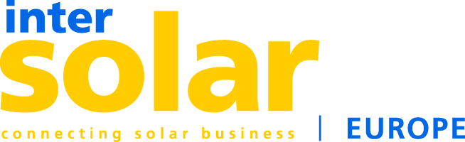 Logo of Intersolar Europe with the tagline "connecting solar business" in yellow text. The word "inter" is in blue, and "solar" in large yellow letters, with "EUROPE" in blue at the bottom right.