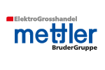 Logo of Elektro-Sanitär Mettler Brunner Gruppe featuring a red square, black text "Elektro/Sanitär", and blue text "mettler", with "Brunner Gruppe" in smaller black text below.