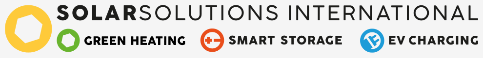 Logo of Solar Solutions International with icons and text: Green Heating (green icon), Smart Storage (orange icon), and EV Charging (blue icon).