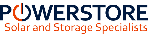 Logo of Powerstore featuring the company name in bold, uppercase letters, and the tagline "Solar and Storage Specialists" below in orange. The "O" in Powerstore is stylized as a power button.