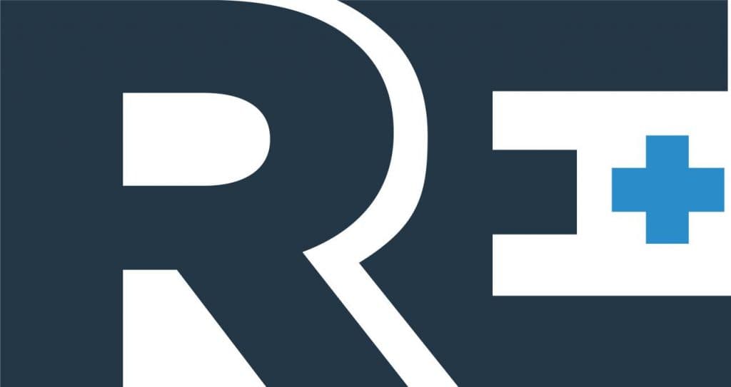 White text "RE" on a dark blue background with a blue plus sign inside the letter "E".