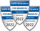 Three shield-shaped awards labeled "EUPD Research Top Brand PV Mounting" for Austria, Germany, and Switzerland for the year 2022.