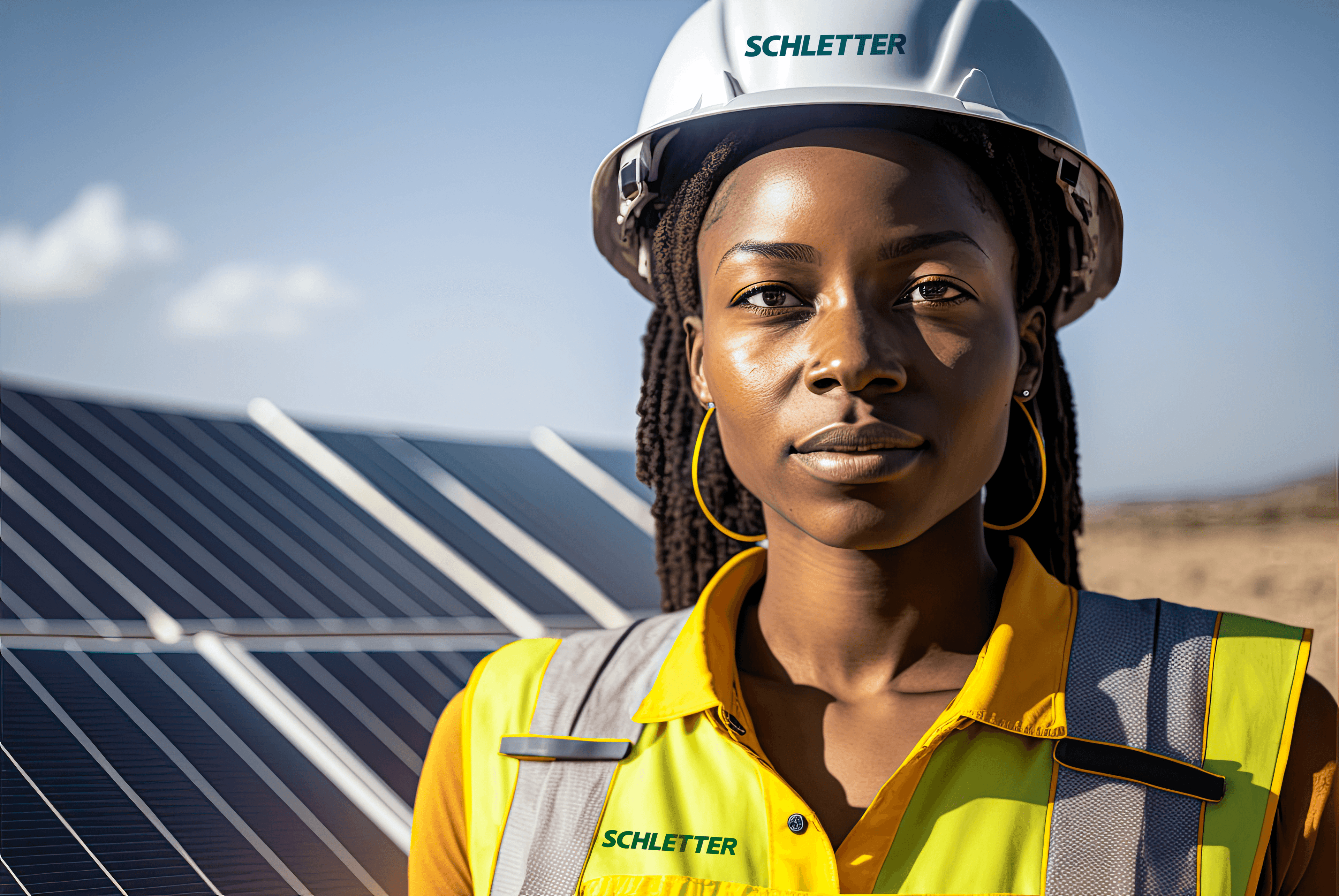 A person wearing a yellow safety vest and a white hard hat stands in front of solar panels on a sunny day. The hard hat and vest have "Schletter" printed on them.