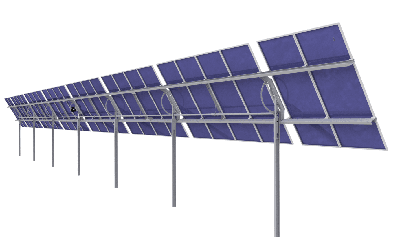 A row of purple solar panels mounted on a metal framework, aligned diagonally.