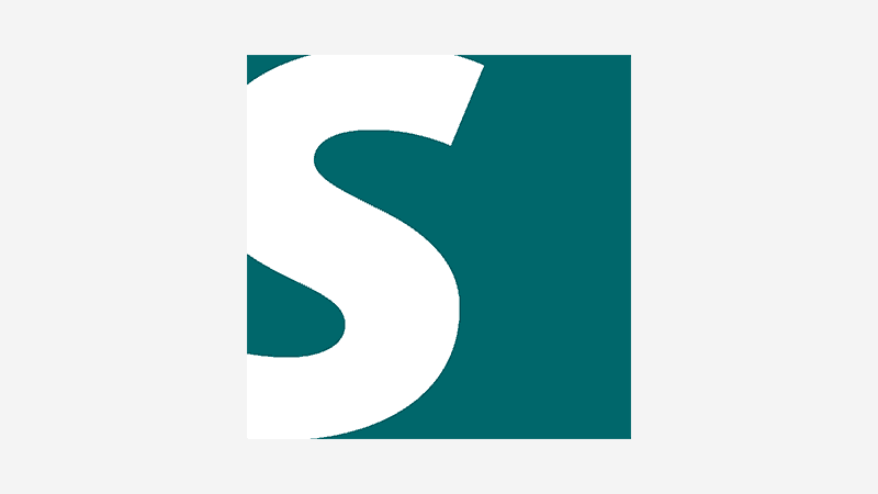 A white letter "S" partially overlaying a teal square on a light gray background.