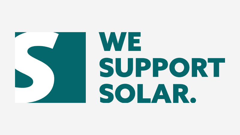 A large white "S" on a teal background followed by the text "We Support Solar." in teal letters.