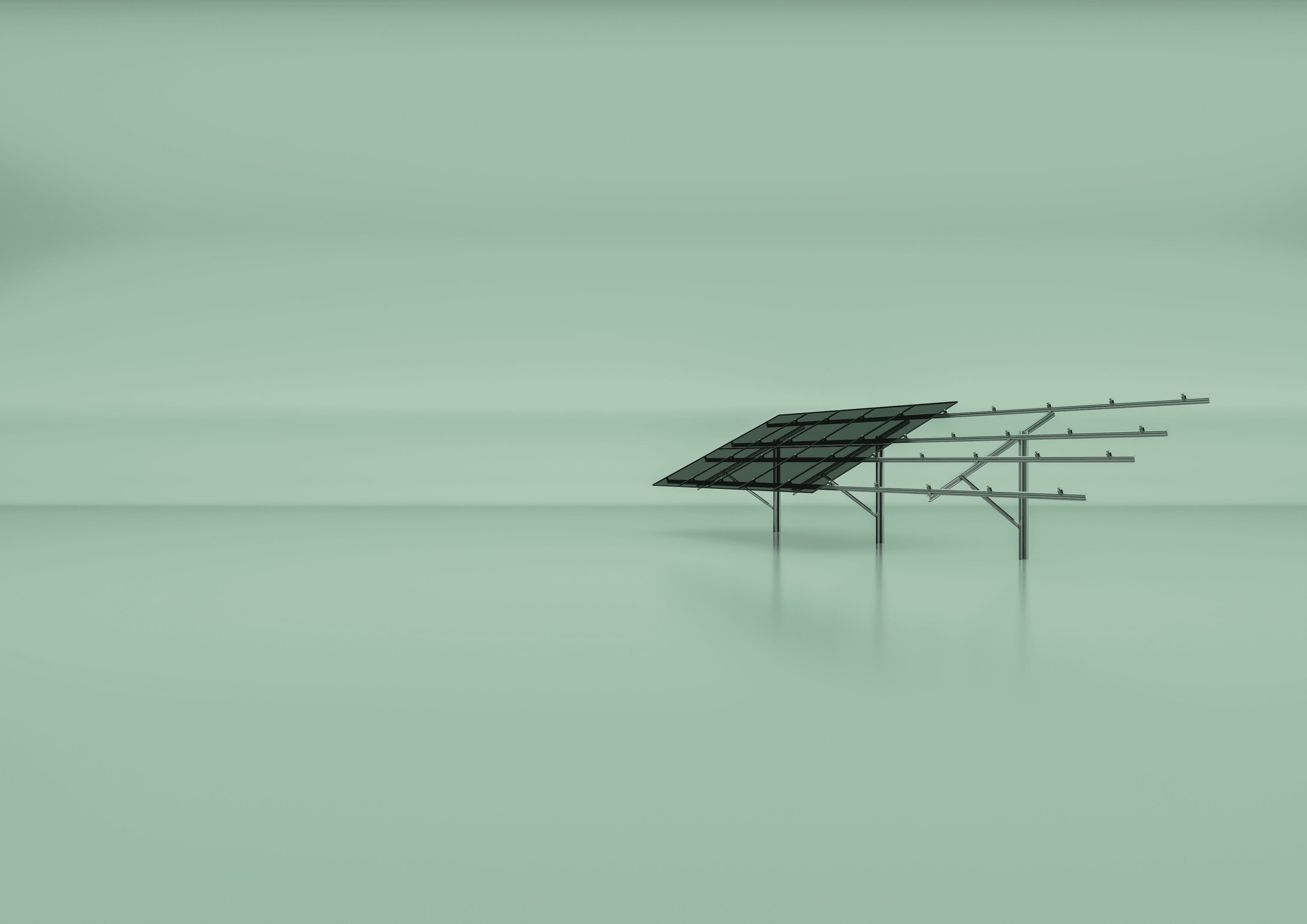 A solar panel and a bare metal structure stand on a smooth, reflective green surface against a gradient green background.