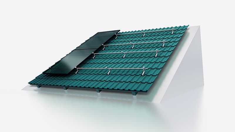 A green-tiled roof with metal mounting rails installed and two solar panels placed on top, positioned on a white background.