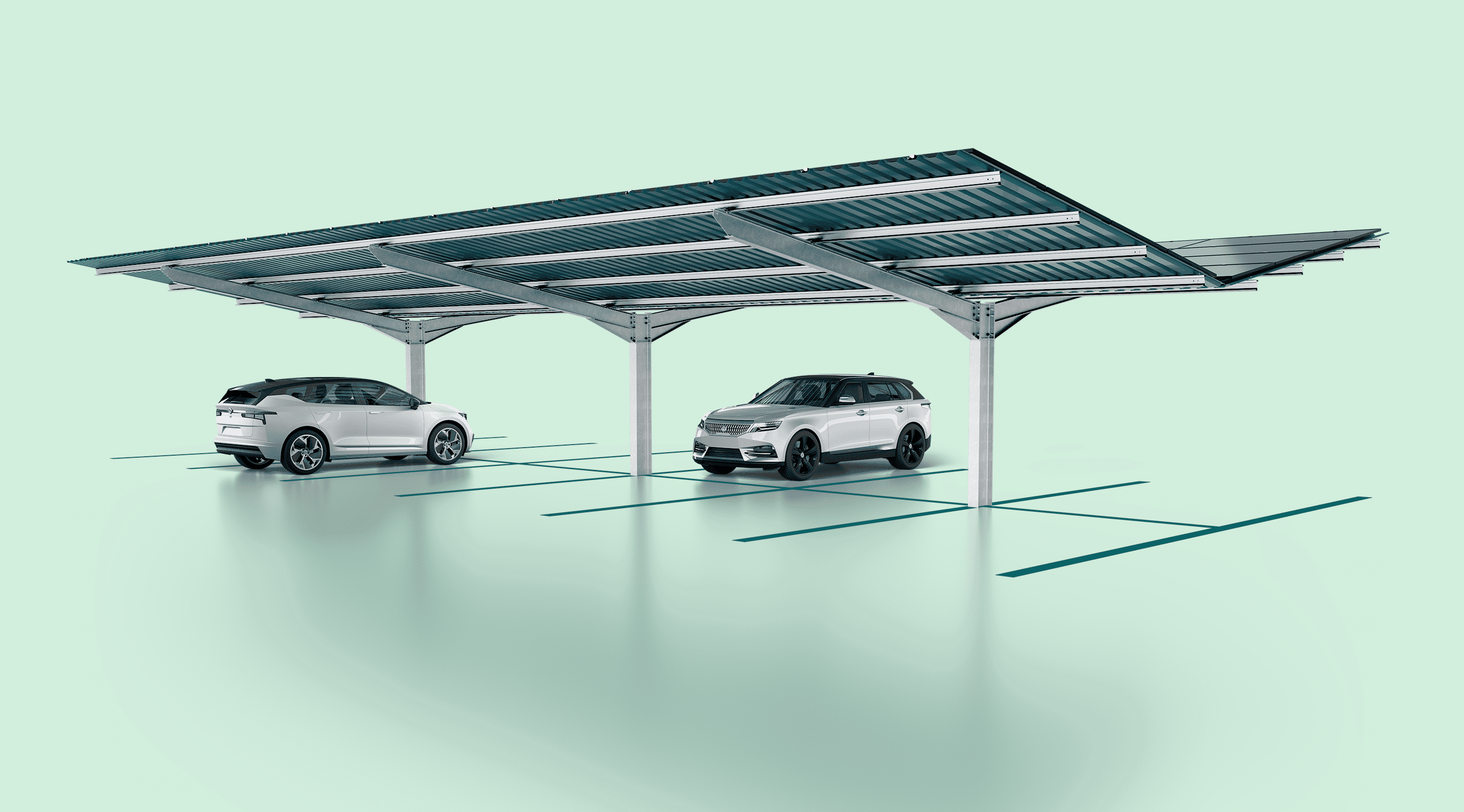 Two electric vehicles parked under a solar panel carport on a light blue background.