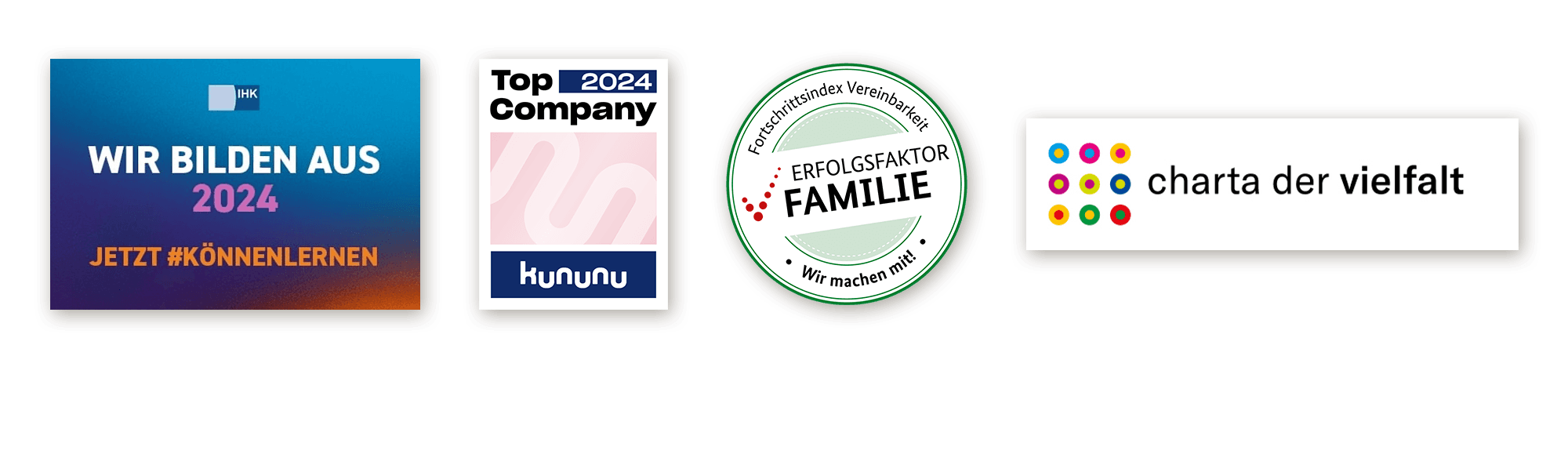 A series of four icons including a "Wir bilden aus 2024" sign, a "Top Company 2024 Kununu" badge, an "Erfolgsfaktor Familie" certification, and a "charta der vielfalt" logo.