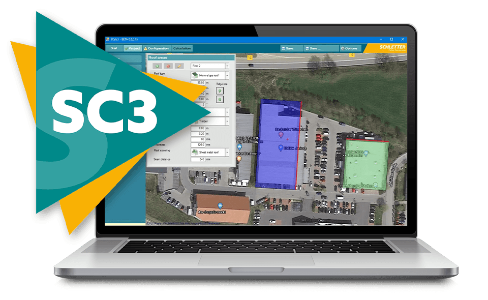 A laptop displays software showing a satellite map view of a parking lot with several highlighted sections. An SC3 logo is positioned on the left side of the image.