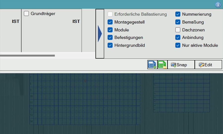 Interface of a software showing gridlines and various checkboxes with options such as "Montagegestell," "Module," and "Nummerierung" among others. Icon buttons at the bottom include DXF, Snap, and Edit.