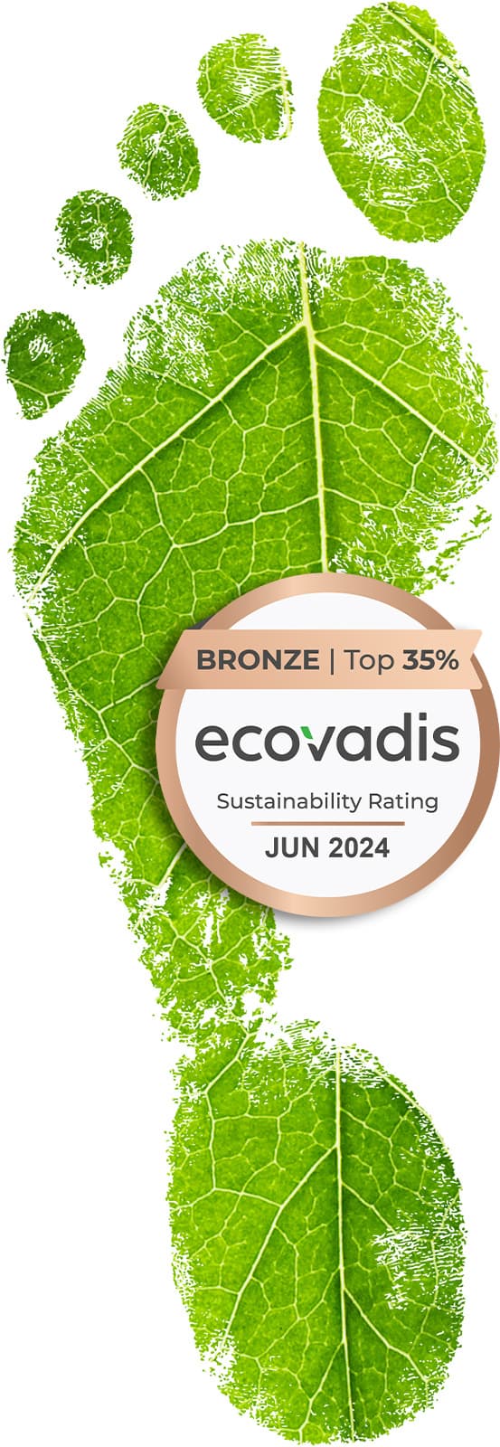 An image of a green leaf shaped like a footprint with an EcoVadis sustainability rating badge indicating a Bronze medal in the top 35% for June 2024.