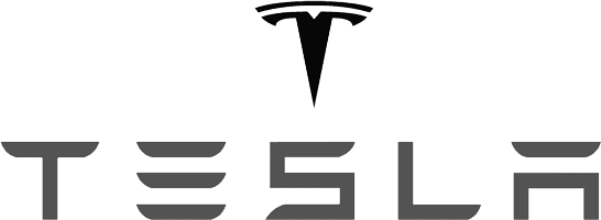 Logo of Tesla with a stylized "T" above the brand name written in a futuristic font.