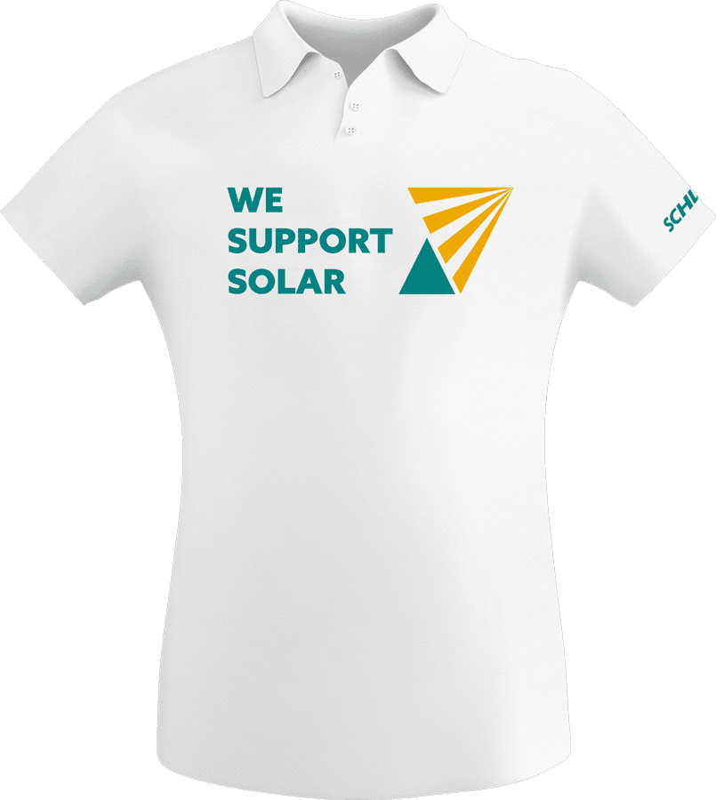 White polo shirt with a "We Support Solar" slogan and a graphic of a yellow sunbeam and green triangle on the front. The sleeve has "SCH" text in green.