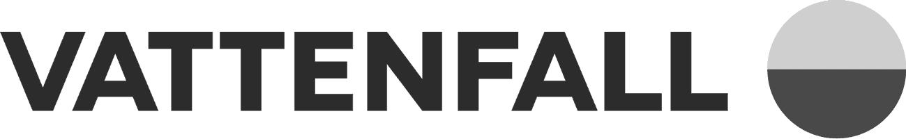Logo of Vattenfall, featuring the company name in bold black letters and a circle divided into two halves with white on top and black on the bottom.