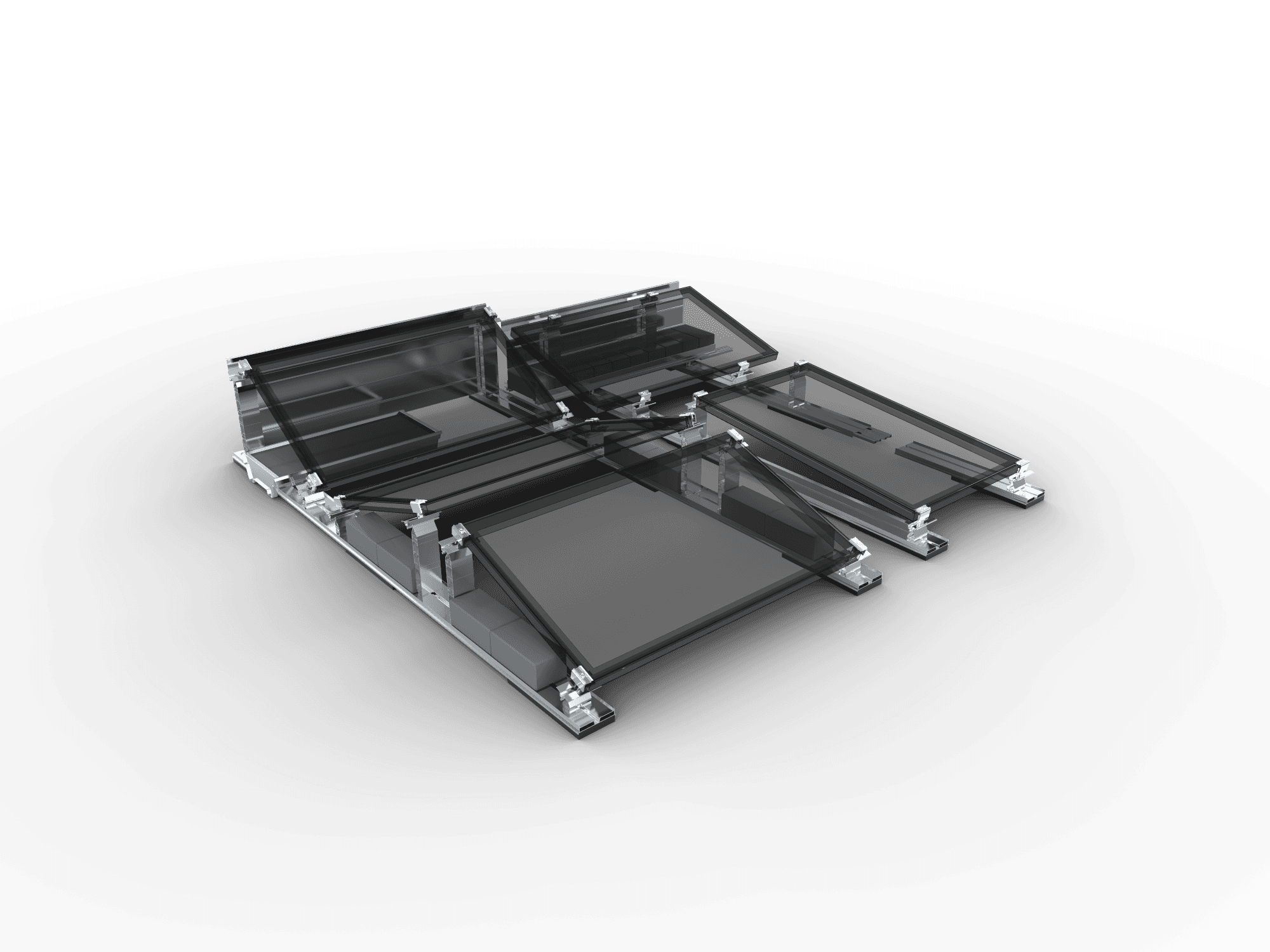 A transparent glass structure consisting of multiple rectangular panels arranged in a stepped formation against a black background.