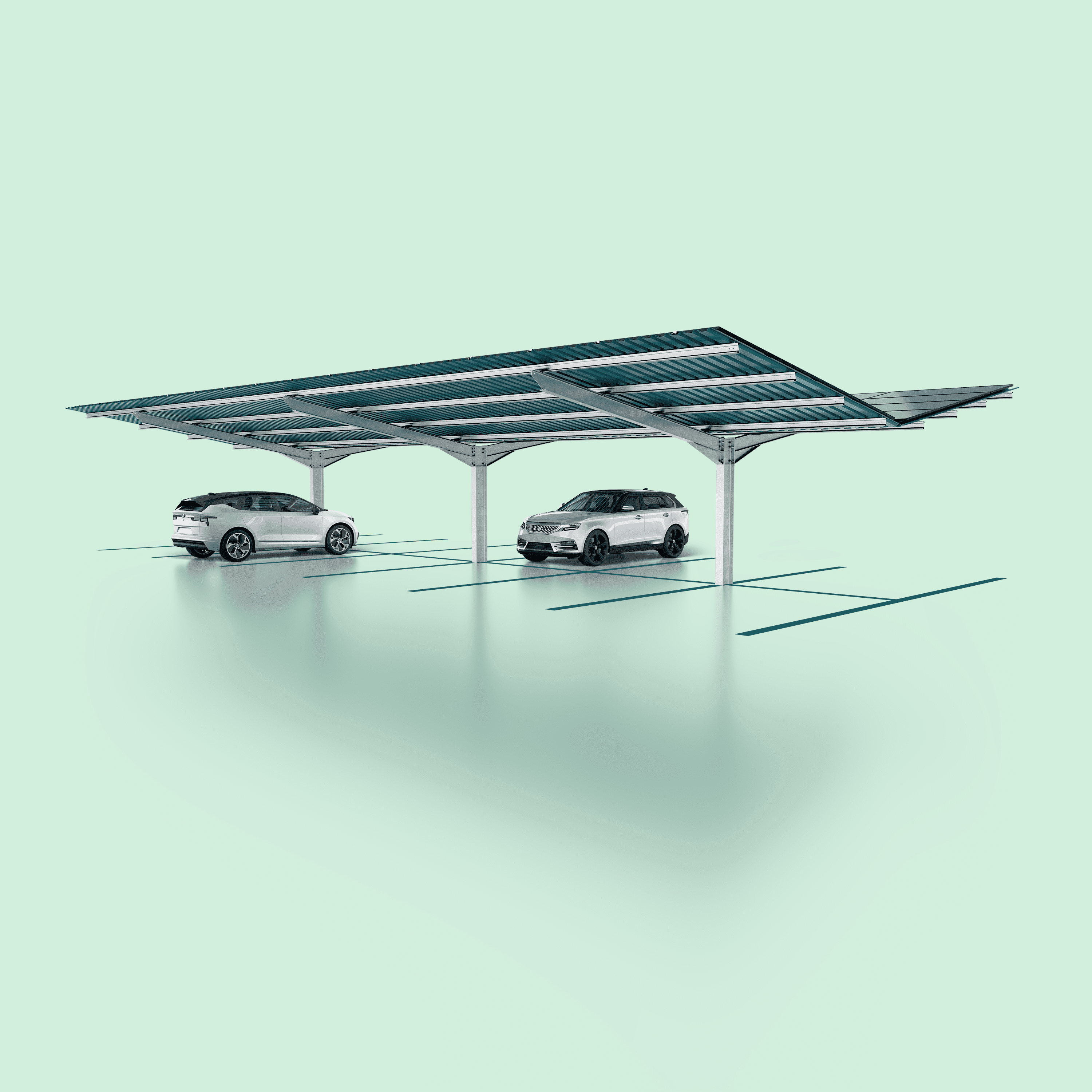 Two electric cars are parked under a steel solar panel canopy in a parking lot, with a minimalistic light green background.