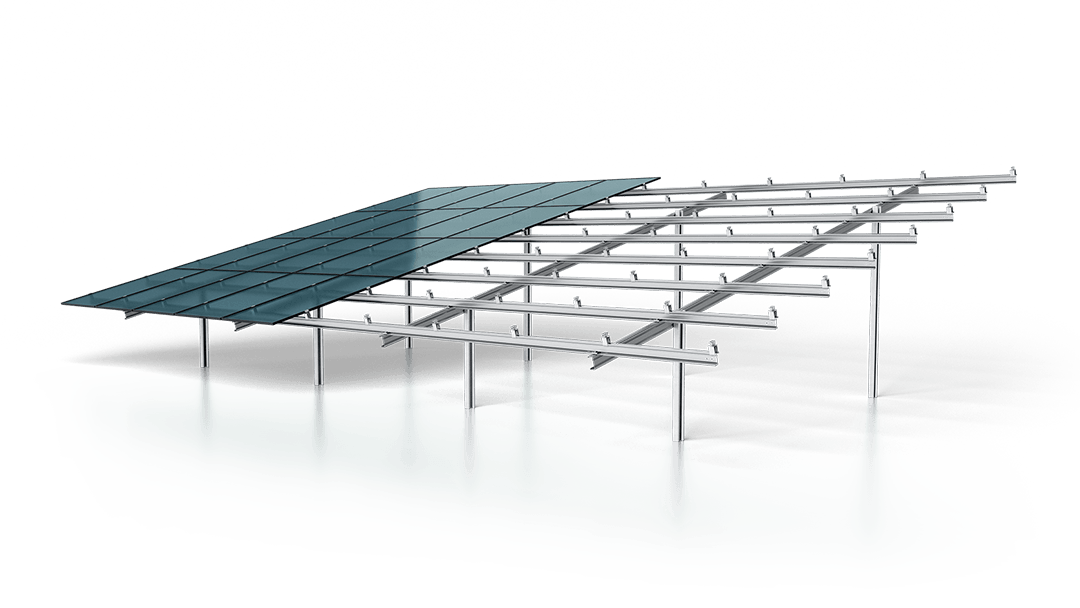 A 3D-rendered image of a solar panel mounting structure with one section covered in solar panels, showing metal framework and support beams.