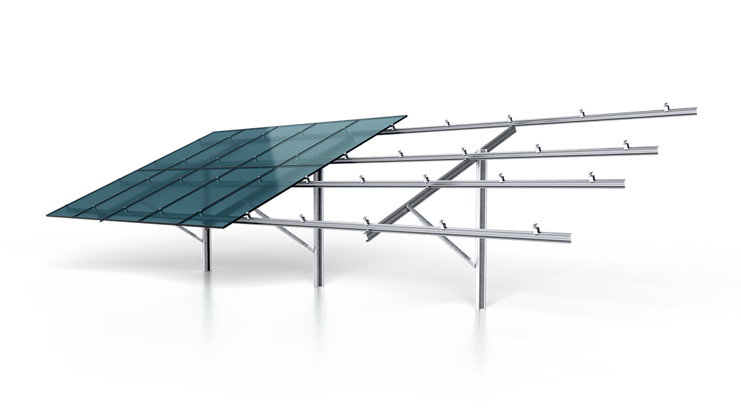 A solar panel is mounted on a metal frame with an angled support structure. The background is plain black.