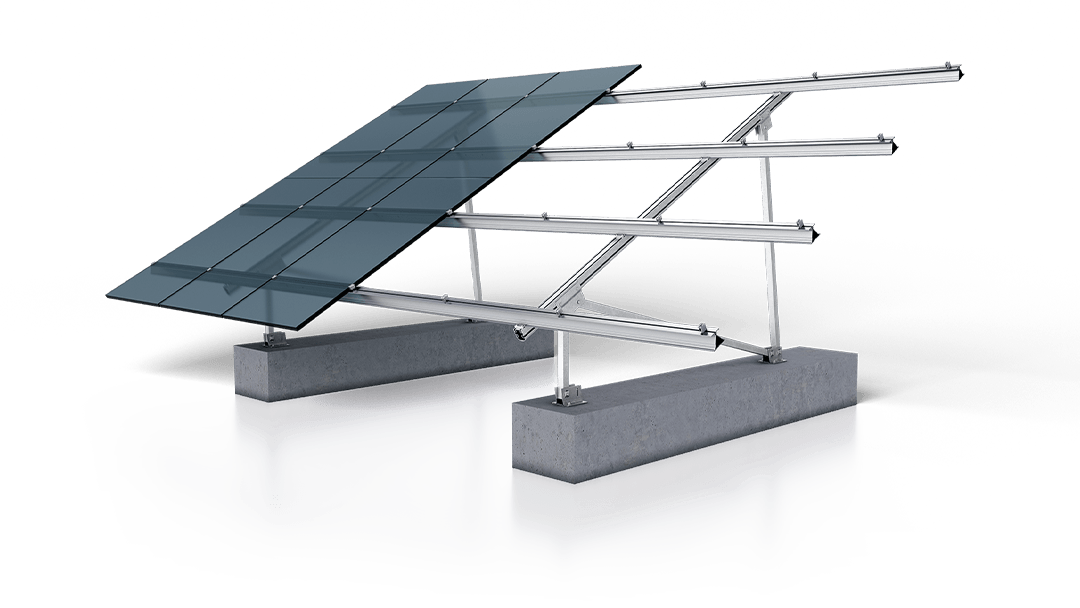 A solar panel mounted on a metal frame with concrete block supports, viewed against a black background.