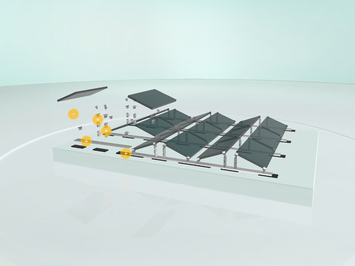 A 3D illustration of a disassembled solar panel array showing various components including the frame, solar cells, and mounting hardware with positive and negative charges indicated.