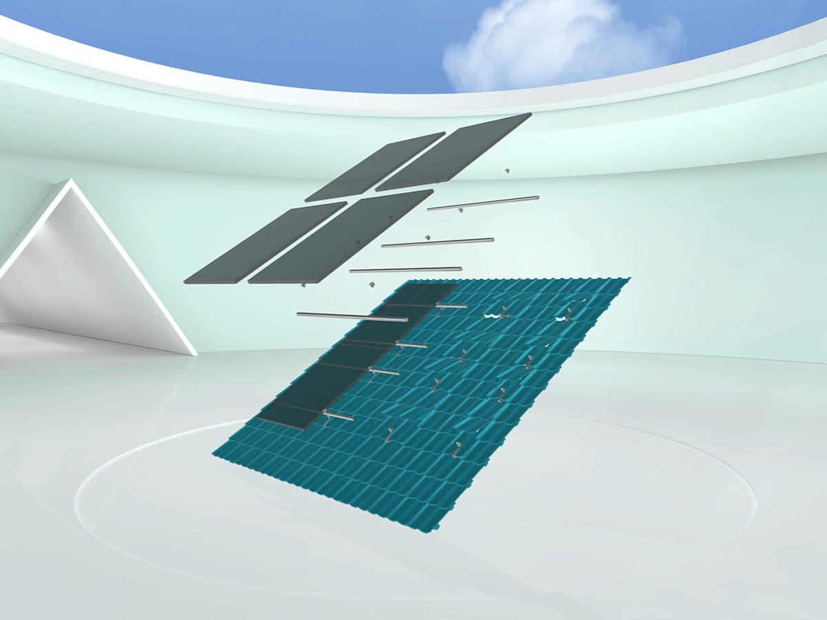 Exploded view of a solar panel in a modern, minimalistic setting, displaying its various components floating in space against a white and light blue background.
