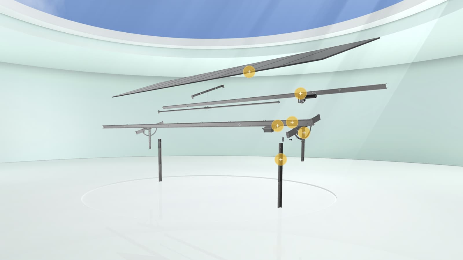 A 3D rendering shows disassembled parts of a modular structure suspended in mid-air against a minimalist, white background with soft lighting.