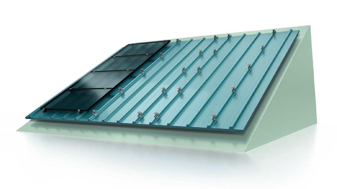 A green metal roof with solar panels mounted on the left side. The roof is shown in a singular segment against a plain background.