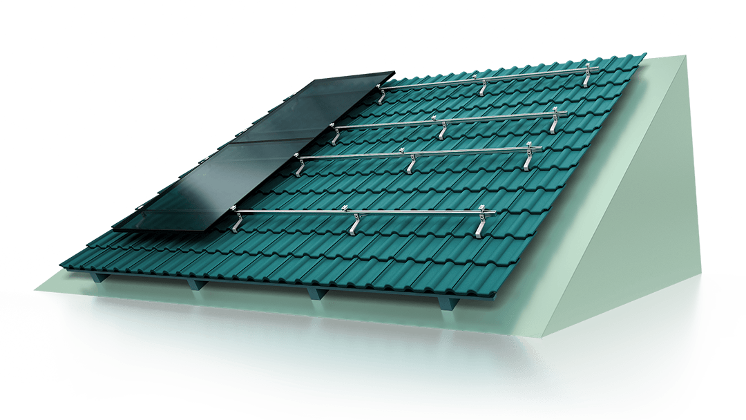 A teal-colored tiled roof with a solar panel partially installed on a metal rack system.