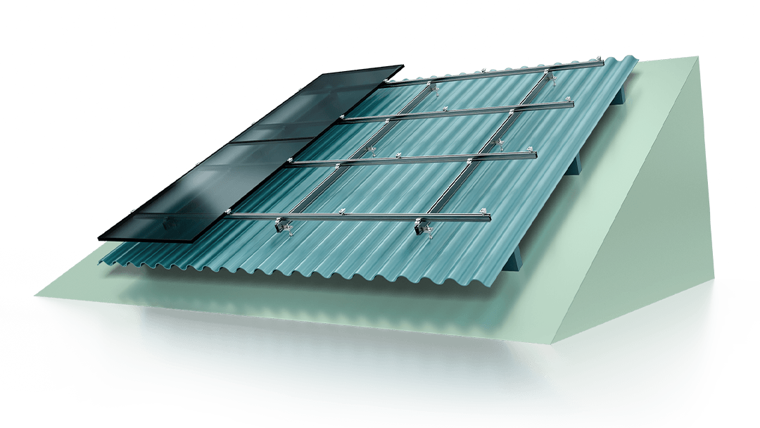 A solar panel is mounted on a slanted, corrugated metal roof, held in place by metal brackets and rails.