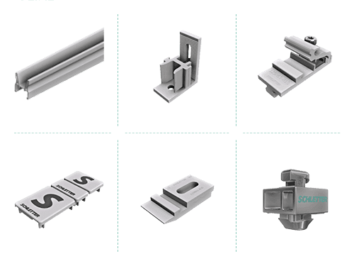 An arrangement of six different metallic components used in construction or installation, including brackets, clamps, and connectors.