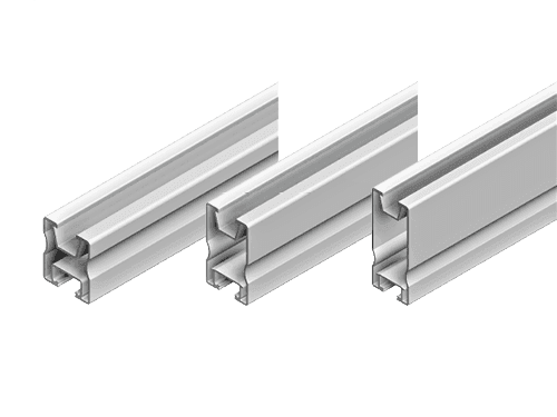 Three aluminum T-slot profiles of different cross-sectional shapes are arranged in a row.