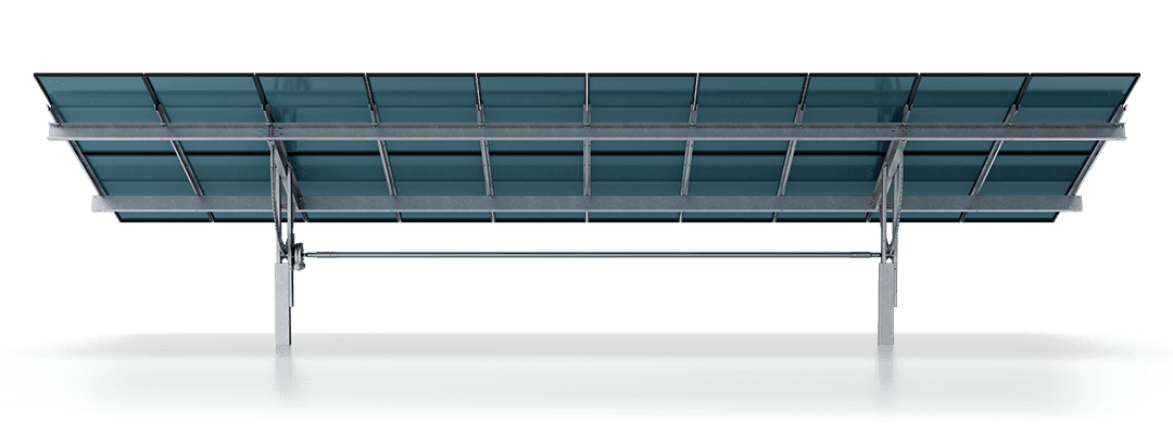 A large, modern metallic structure with a transparent blue roof, supported by sturdy metal beams, is depicted against a black background.
