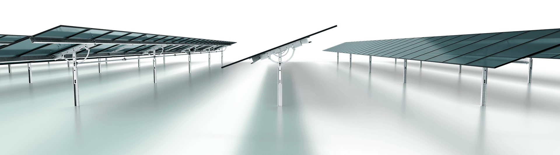 A series of solar panels mounted on structures over a reflective, green-tinted surface against a dark background.