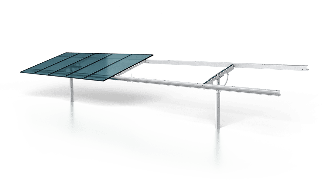A metal frame structure supports a single row of solar panels, partially constructed and elevated on poles.