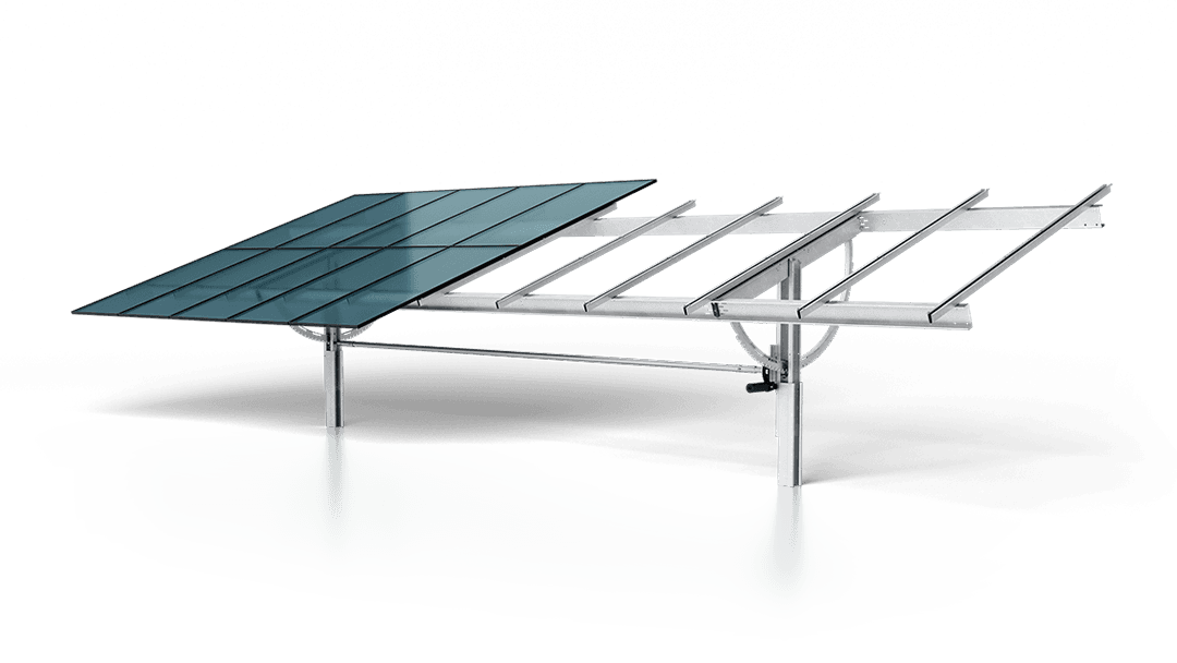A single-row solar panel mounted on a metal frame stand.