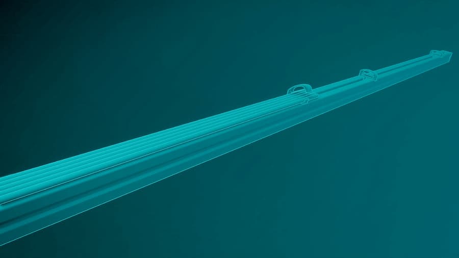 Digital illustration of a long, straight, and slender object with multiple shallow grooves, glowing with a teal light against a dark green background.