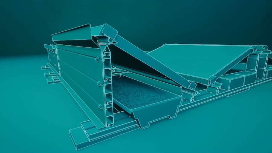 A computer-generated image depicting a partially opened 3D model of a mechanical structure with visible internal components and joints against a blue background.