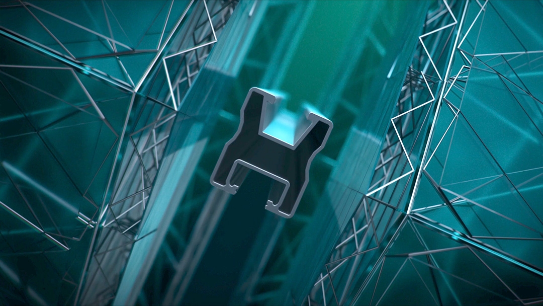 A stylized letter "H" is surrounded by a complex, abstract design of geometric lines and shapes in various shades of teal.