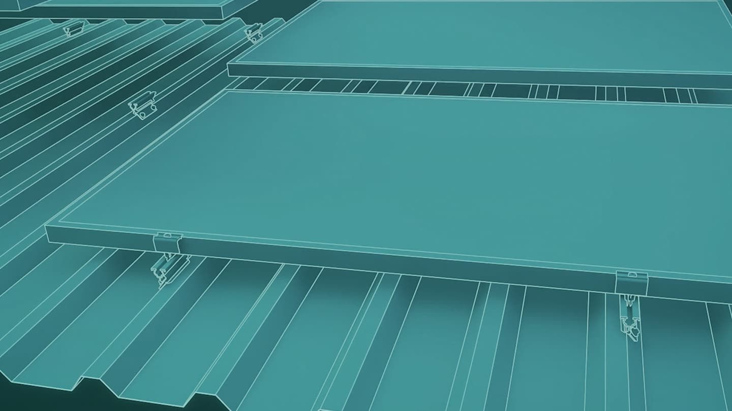 Illustration of a modular panel system with interlocking metal panels and clips.